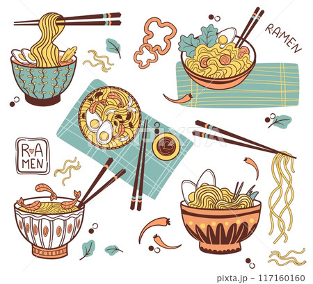 Doodle ramen noodles. Japanese korean chinese noodle food in bowls, asian meal desh cook soup ingredients japan snack fastfood restaurant cookery menu, neat vector illustration Doodle ramen noodles. Japanese korean chinese noodle food in bowls, asian meal desh cook soup ingredients japan snack fastfood restaurant cookery menu, neat vector illustration 117160160