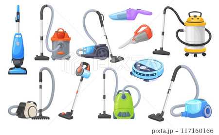 Cartoon vacuum cleaners. Cleaner machine household electric appliance, home cleaning robot device housework domestic professional service dust cleanup work neat vector illustration 117160166