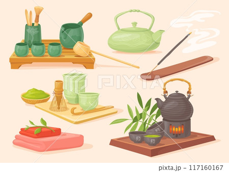 Asian tea ceremony. Japanese chinese oriental tradition elements, hot oolong pottery mug pot ceramic teapot herbal product serving zen japan china culture, neat vector illustration Asian tea ceremony. Japanese chinese oriental tradition elements, hot oolong pottery mug pot ceramic teapot herbal product serving zen japan china culture, neat vector illustration 117160167