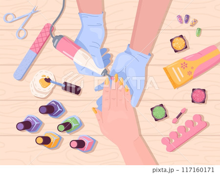 Manicure top view. Beauty nail salon occupation specialist perform fingernail care treatment procedure to customer hands, manicurist tools colors swatch swanky vector illustration 117160171
