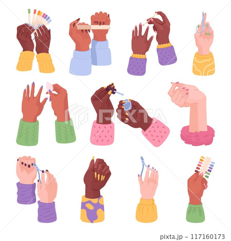 Hands manicure tools. Female hand holding manicure accessories equipment procedures cosmetic tweezers varnish fingernail care spa woman glamour salon set swanky vector illustration Hands manicure tools. Female hand holding manicure accessories equipment procedures cosmetic tweezers varnish fingernail care spa woman glamour salon set swanky vector illustration 117160173