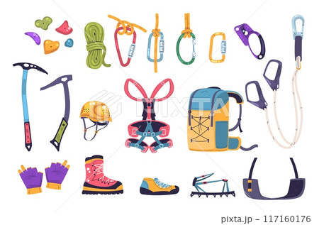Climbing gear equipment. Mountaineering tool climber stuff elements for mountain rock climb safety rope knot harness carbines helmet ice ax extreme sport classy vector illustration Climbing gear equipment. Mountaineering tool climber stuff elements for mountain rock climb safety rope knot harness carbines helmet ice ax extreme sport classy vector illustration 117160176