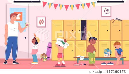 Children locker room. Kids indoor school gym cloakroom, football or basketball sport team young student changing athletic training dressing in lockers, classy vector illustration 117160178