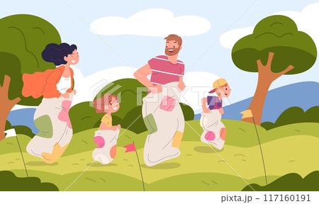 Sack race. Happy people jump in sacks, family outdoor competition fan game together jumping parents man and woman celebrate national festival indonesia, classy vector illustration 117160191