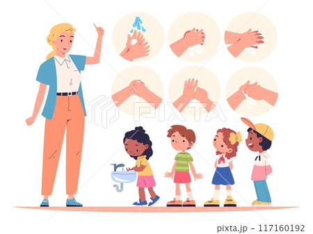 Kids washing hands. Teacher teaching children wash hand with soap in school faucet sink bathroom, hygiene handwash education cartoon boy and girl child, classy vector illustration 117160192