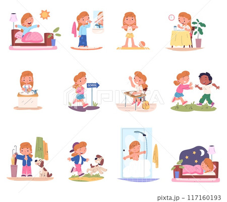 Kid daily routine. School or preschool children day schedule, sleep morning bathroom hygiene teeth washing education play bedtime, cartoon child life set classy vector illustration 117160193