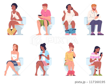 People on toilets with phones. Person read smartphone internet game, pooping peeing man woman in bathroom phone gadget addiction constipation diarrhea, classy vector illustration 117160195