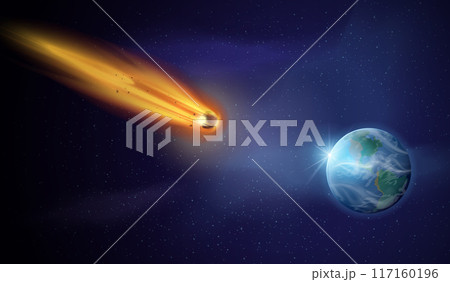Asteroid falling on earth. Flying burning meteor shower falls on planet, space object lights fire meteorite flame comet in galaxy sky universe background, exact vector illustration 117160196