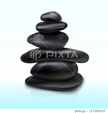 Realistic zen stones. Pebbles pile tower balance, tranquility wellbeing nature serenity meditation concept spa massage smooth stone stack meditative rocks exact vector illustration 117160197