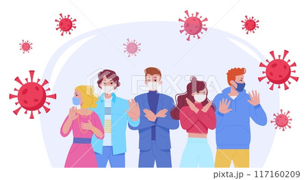 People denial infection. Man and woman in mask negative no gesturing, safety virus prevention protection disease pollution control influenza stop concept vector illustration 117160209