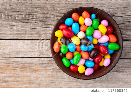 Mix of colorful candies . Multicolored unhealthy background. Sweet dessert 117160345