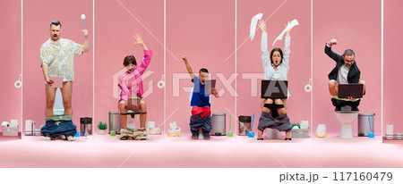 Five fans on toilets, man with brush cheering, woman celebrating, boy raising fist, woman waving toilet paper, all immersed in thrill of game. Five fans on toilets, man with brush cheering, woman celebrating, boy raising fist, woman waving toilet paper, all immersed in thrill of game. 117160479