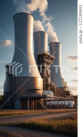 A rendering of a biomass power plant with boiling tanks and hovering turbines 117160691