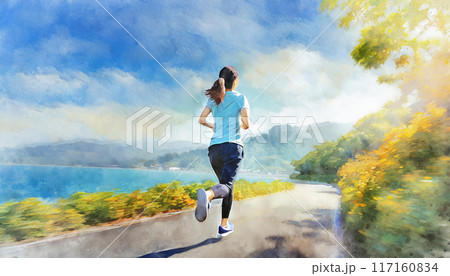 海沿いの道をジョギングする女性の後ろ姿。水彩画風のイメージ。 117160834