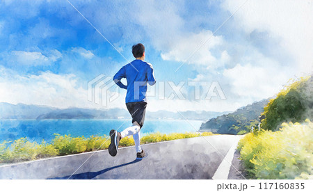 海沿いの道をジョギングする男性の後ろ姿。水彩画風のイメージ。 117160835