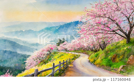 満開の桜と山道の背景。水彩画風のイメージ。のイラスト素材