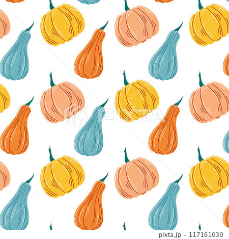 Ripe pumpkin seamless pattern in flat style. Autumn vegetable design for Halloween, food store. Vector illustration on a white background. Ripe pumpkin seamless pattern in flat style. Autumn vegetable design for Halloween, food store. Vector illustration on a white background. 117161030