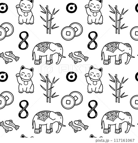 Good Luck Symbols Seamless Pattern. Asian talismans and charms contour vector background. Symbols of success and prosperity Good Luck Symbols Seamless Pattern. Asian talismans and charms contour vector background. Symbols of success and prosperity 117161067