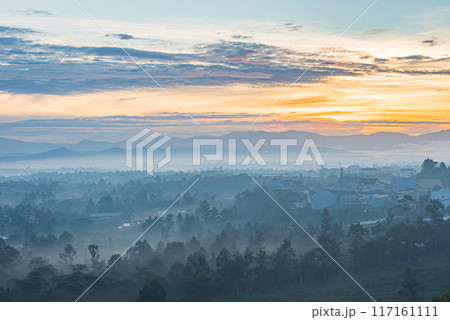 Beautiful misty forest mountain landscape at sunset Beautiful misty forest mountain landscape at sunset 117161111