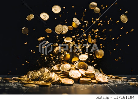 暗闇ではじけ飛ぶ大量の金貨 117161194
