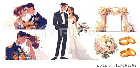 wedding. groom bride wedding dress bouquet arch flowers floral wedding rings. vector flat illustration set 117161268