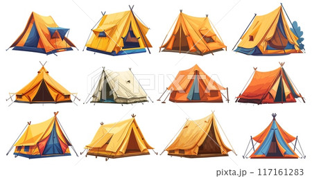 Tent camping set for outdoor travel. tourist tent icon isolated on white background for nature tourism, travel, adventure. camping concept. Vector illustration in flat style 117161283