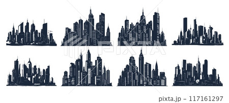 silhouette city. outline skyline cityscape drawing engraving ink flat, vector illustration 117161297