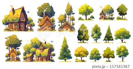 house in the forest. hut wooden forest summer trees sticker. vector cartoon illustration set 117161367