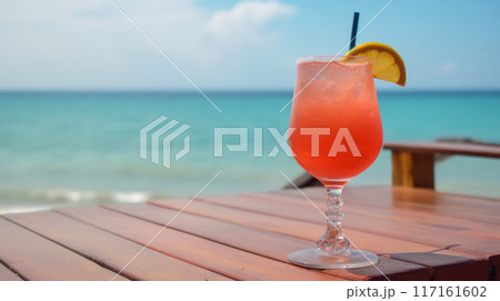 Paloma cocktail on background with blue sea and sky tropical background. Generative AI Paloma cocktail on background with blue sea and sky tropical background. Generative AI 117161602