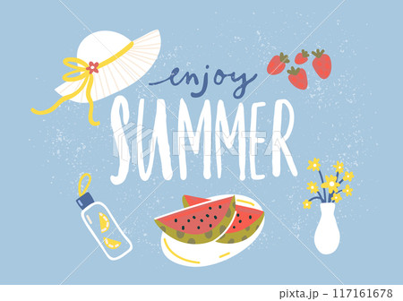 Enjoy summer banner, watermelon slices, hat and flowers. Inspirational hand lettering for apparel design, stationery and social media, vector template Enjoy summer banner, watermelon slices, hat and flowers. Inspirational hand lettering for apparel design, stationery and social media, vector template 117161678