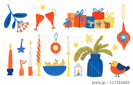 Christmas art set, candles and decoration elements, gift boxes and table arrangement. Vector design Christmas art set, candles and decoration elements, gift boxes and table arrangement. Vector design 117161683