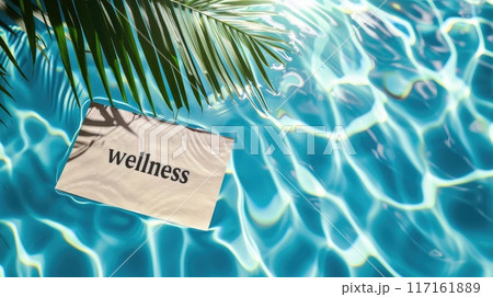 wellness paper label on tropical water background 117161889