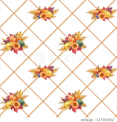 Thanksgiving decor seamless pattern. Watercolor vintage style illustration. Autumn mood festive elements with pumpkins, fallen leaves, geometric lines. Thanksgiving endless pattern in warm colors 117161922