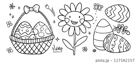 Cheerful Easter coloring scene with decorated eggs in a basket, a smiling sunflower, and a playful butterfly, perfect for kids crafts and activities. Cheerful Easter coloring scene with decorated eggs in a basket, a smiling sunflower, and a playful butterfly, perfect for kids crafts and activities. 117162157