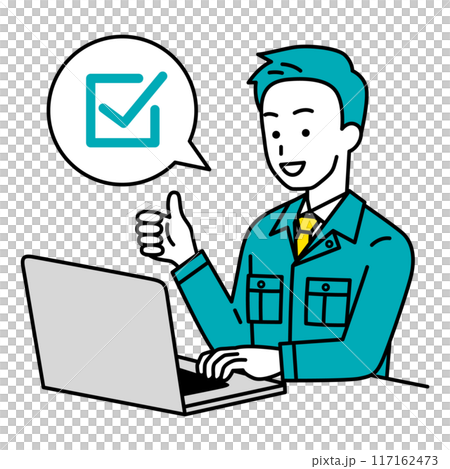 完了の合図をするノートパソコンで仕事をしている作業員の男性 完了の合図をするノートパソコンで仕事をしている作業員の男性 117162473