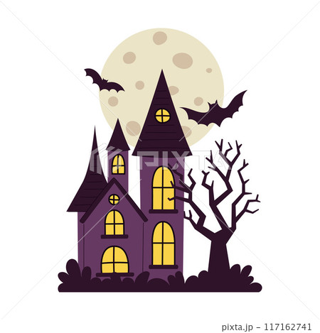 A house with bats flying around it and a full moon in the background 117162741
