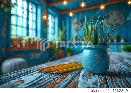 Aloe Vera Plant in Blue Pot on Rustic Wooden Table in Cozy, Bright Kitchen Interior Ideal for Home Decor and Lifestyle Designs Generative AI 117162849