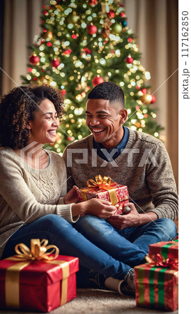 A joyful couple exchanging gifts in front of a beautifully decorated Christmas tree, capturing the spirit of the holiday season. 117162850