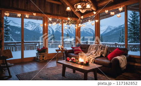 A warmly lit cabin living room with festive lighting, a cozy sofa, and a stunning snowy mountain view through large windows. 117162852
