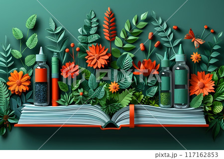 Botanical Art Design Concept with Open Book and Creative Supplies - Perfect for Educational Posters and Nature Illustrations Generative AI 117162853