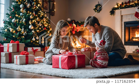 A family sits together by the Christmas tree and fireplace, unwrapping gifts and sharing the joy of the holiday season. 117162854