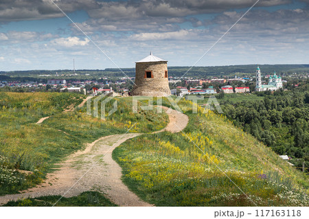 The tower of an ancient Bulgarian fortress on a high cliff on the banks of the Kama River, Elabuga, Tatarstan, Russian Federation 117163118
