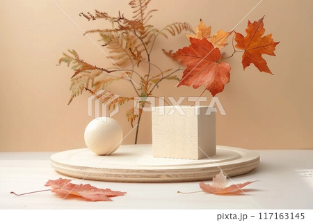 Stands for product of wooden natural materials. Cube, ball and plate as podium for goods. Composition with autumn leaves on beige background. 117163145