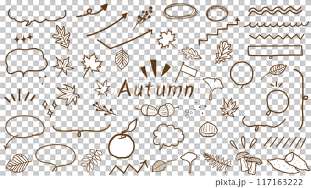 手書き風、茶色の線の秋の紅葉、ふきだし、矢印、あしらい素材セット、ベクターイラスト、白背景 117163222