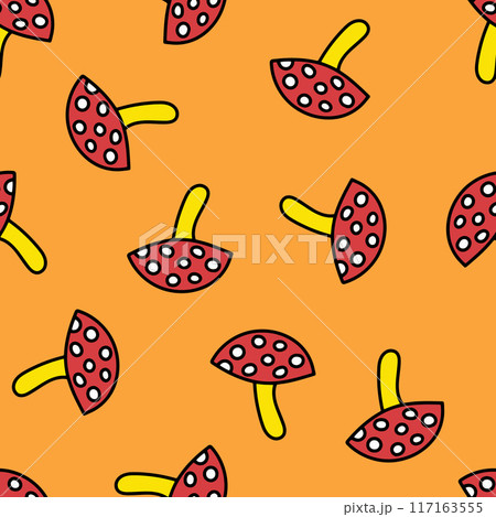 Seamless Pattern with Mushroom Fly Agaric. Red Mushroom with White Spots. Toxic Mushroom Repeating Background. Seamless Pattern with Mushroom Fly Agaric. Red Mushroom with White Spots. Toxic Mushroom Repeating Background. 117163555