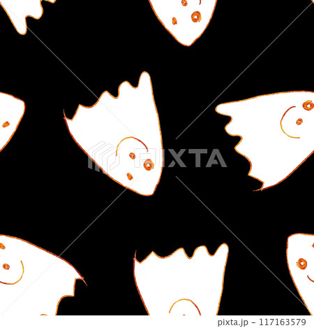 Funny Ghosts Drawn with Crayon. Seamless Pattern Cute Halloween Illustration. Funny Ghosts Drawn with Crayon. Seamless Pattern Cute Halloween Illustration. 117163579