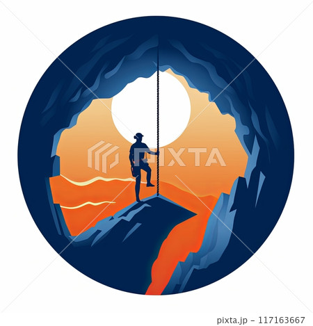 Rappelling thrill-seeker descending rugged rock formation securely with sturdy rope. 117163667