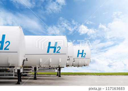 Hydrogen tank trailers stand in a row. Clean fuel concept Hydrogen tank trailers stand in a row. Clean fuel concept 117163683