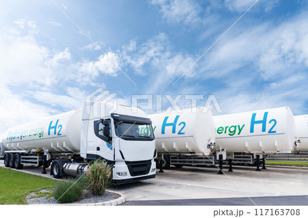 Truck with hydrogen tank trailers. Hydrogen transportation concept. 117163708