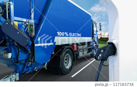 Full electric garbage truck.on a city street Full electric garbage truck.on a city street 117163738